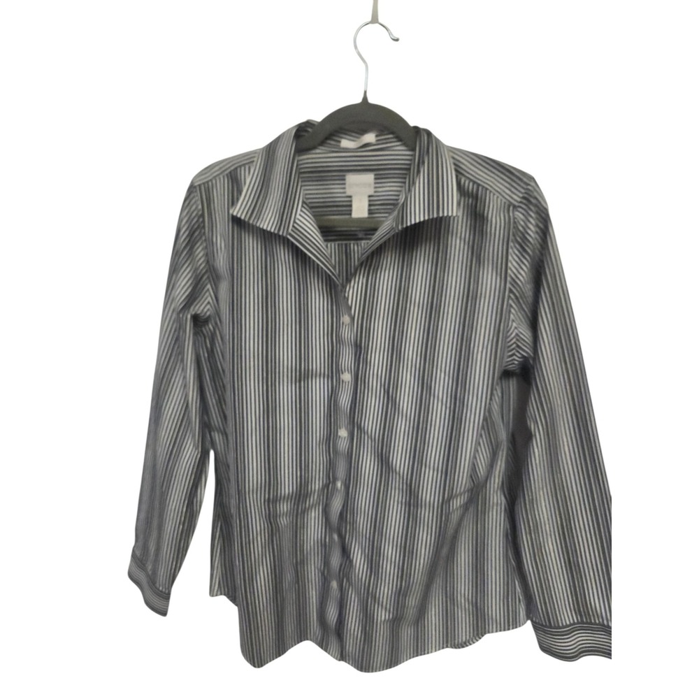 Chicos No‎ Iron Striped Button Down Shirt Navy Gold Metallic Long Sleeve Size 1
